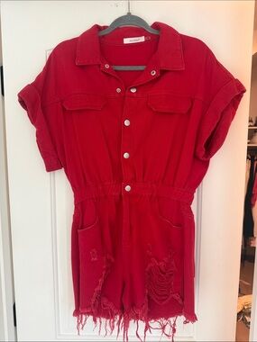 Boutique Red Denim Short Romper with Button Front